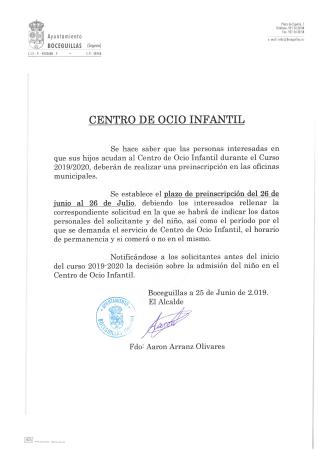 Imagen MATRICULA CENTRO DE OCIO INFANTIL. CURSO 2019-2020